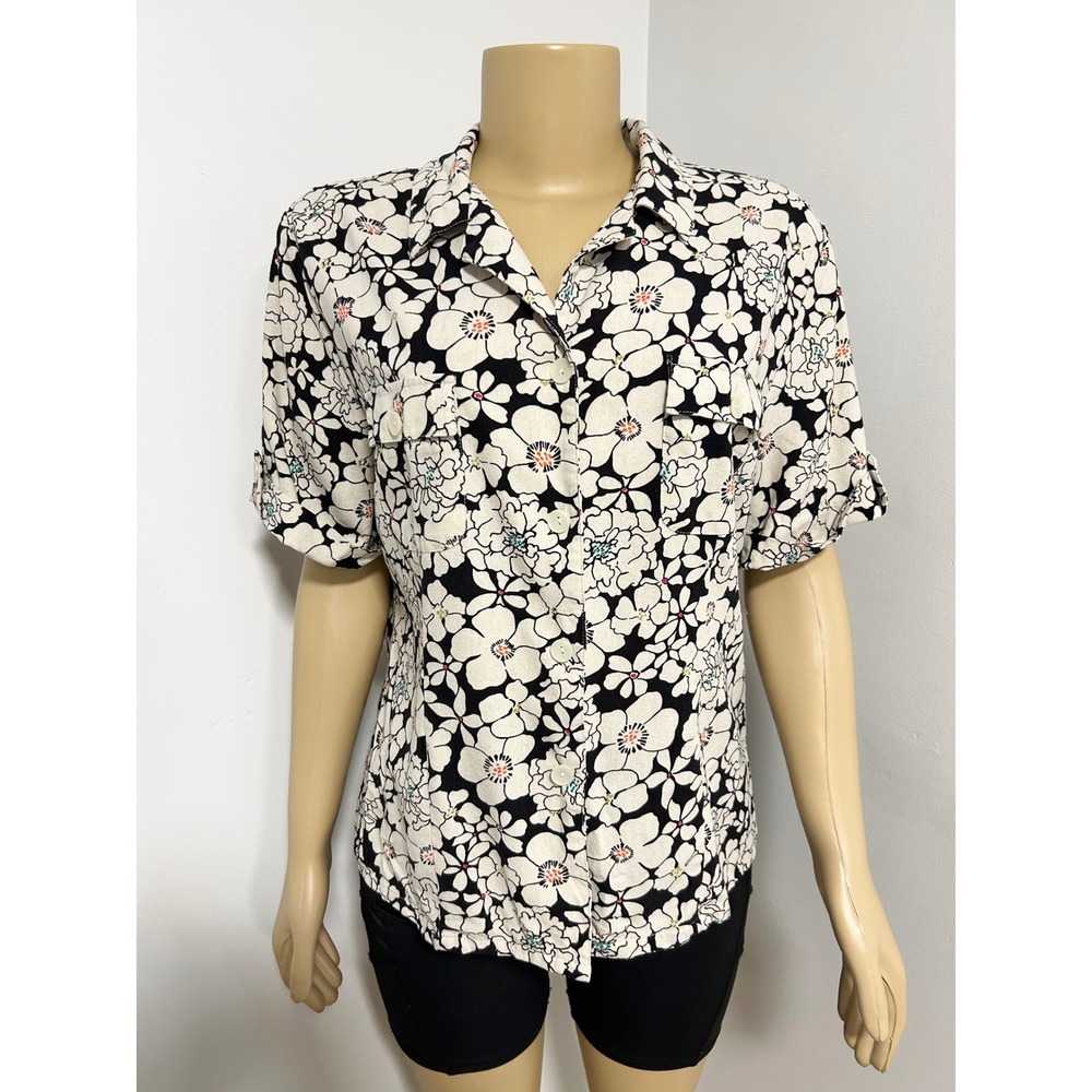 Sag Harbor Womens 100% Silk Floral Short Sleeve Button Down Shirt Blouse Large